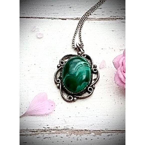 Vintage Malachite Sterling Silver Necklace Chain 20” - Picture 1 of 5